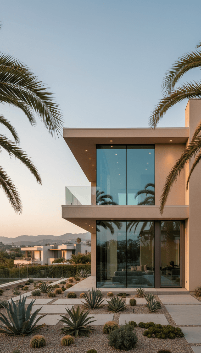 Modern Southern California home exterior at golden hour