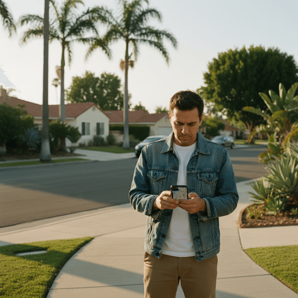 Person looking at a map on their phone on a residential street