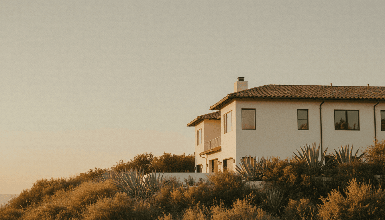 Modern hillside home in Southern California at golden hour with warm terracotta tones and agave plants in foreground