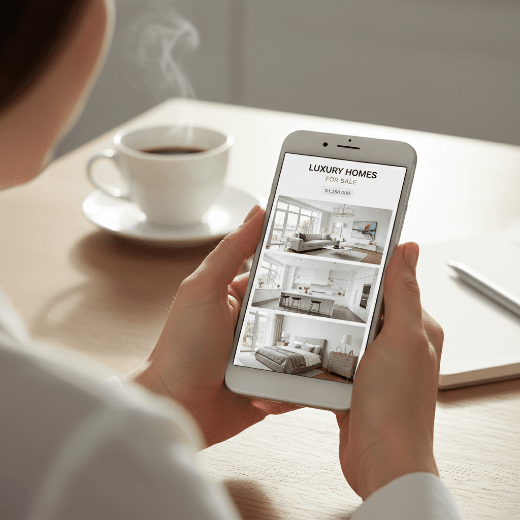 Close-up of hands holding smartphone displaying property listings with home photos on bright office desk