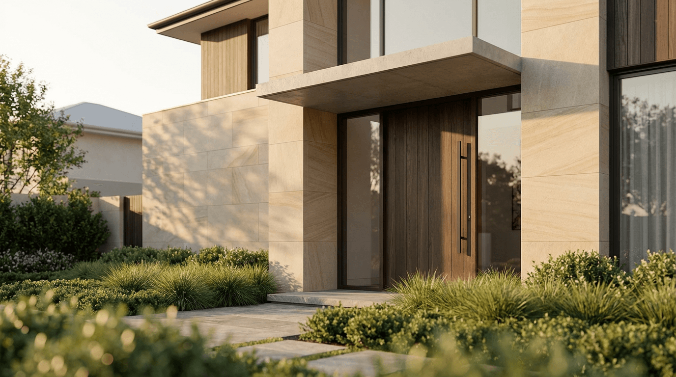 Modern Southern California home entrance with warm golden hour light