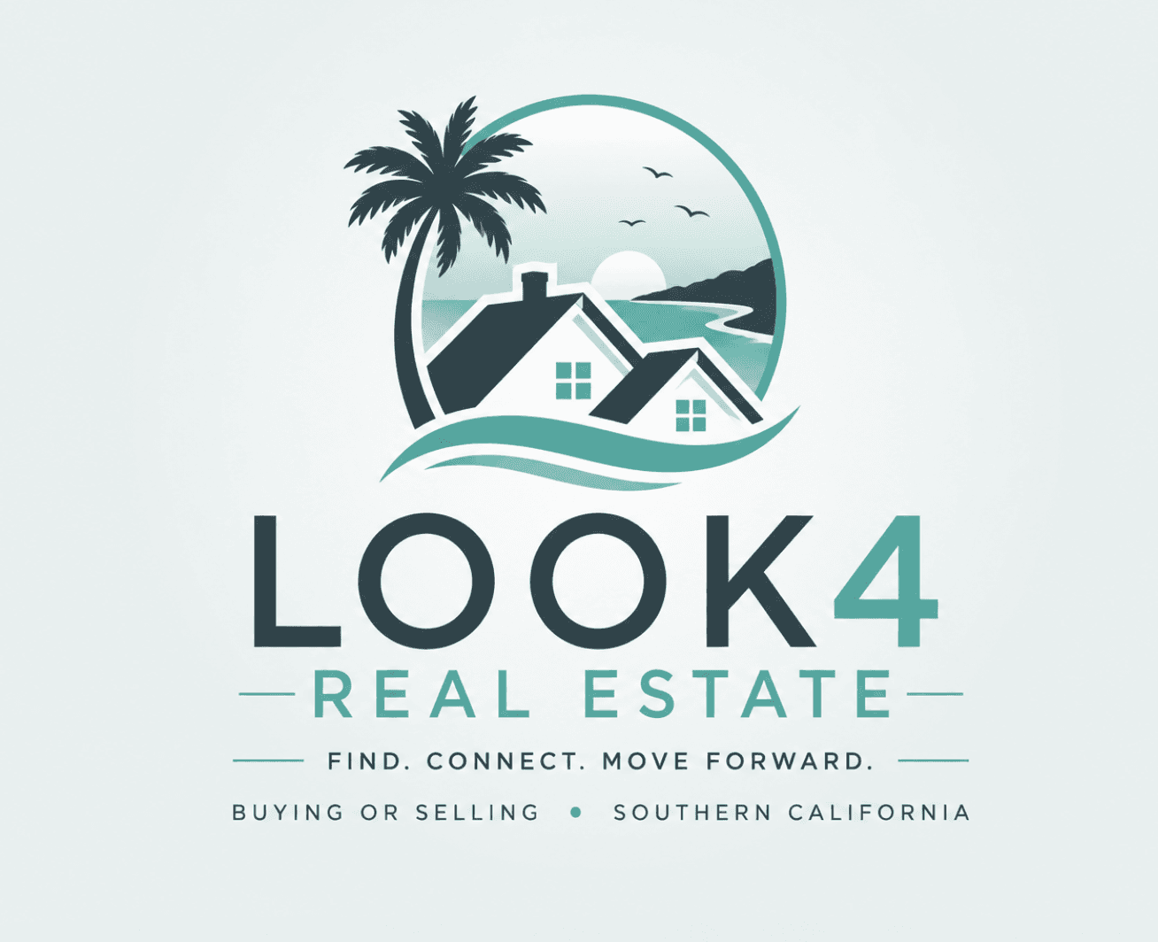 LOOK4 Real Estate logo with coastal houses, palm tree, and sunset over the ocean.